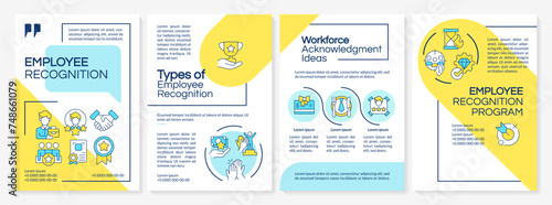 Employee acknowledgement blue and yellow brochure template. Leaflet design with linear icons. Editable 4 vector layouts for presentation, annual reports. Questrial, Lato-Regular fonts used