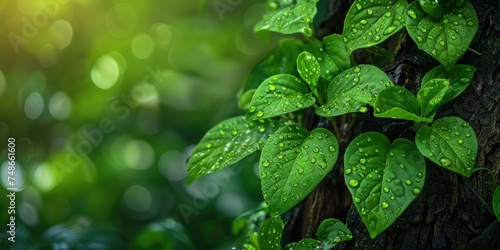 Fresh green leaves with dew drops on a tree trunk, vibrant nature background.