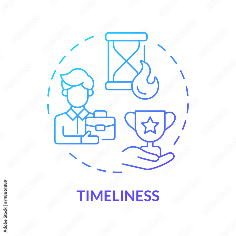 Timeliness blue gradient concept icon. Employee recognition criteria. Prompt appreciation. Boost morale. Time management. Round shape line illustration. Abstract idea. Graphic design. Easy to use