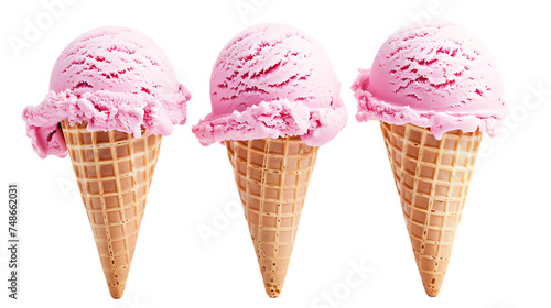 Three cotton candy flavored ice cream cones isolated on transparent background