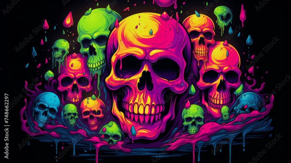 Colored neon skull on a black background. Neural network AI generated art