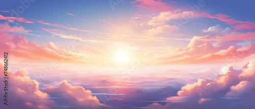 Sunset over the clouds with heavenly rays of light. Abstract illustration in extra wide format. Concept of hope, divinity, and spirituality.