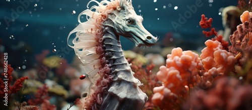Portrait of a Seahorse on the deep sea floor with coral reefs in the background