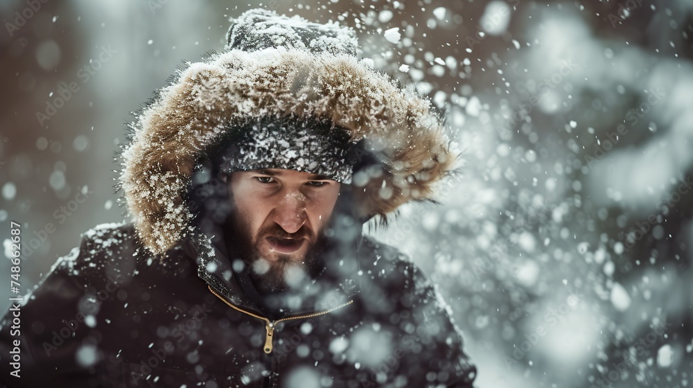 A close-up of a determined face with a fur hat, capturing the fortitude required to endure a blizzard. Perfect for outdoor adventure and survival gear marketing A close-up of a determined face with a fur hat, capturing the fortitude required to endure a blizzard. Perfect for outdoor adventure and survival gear marketing