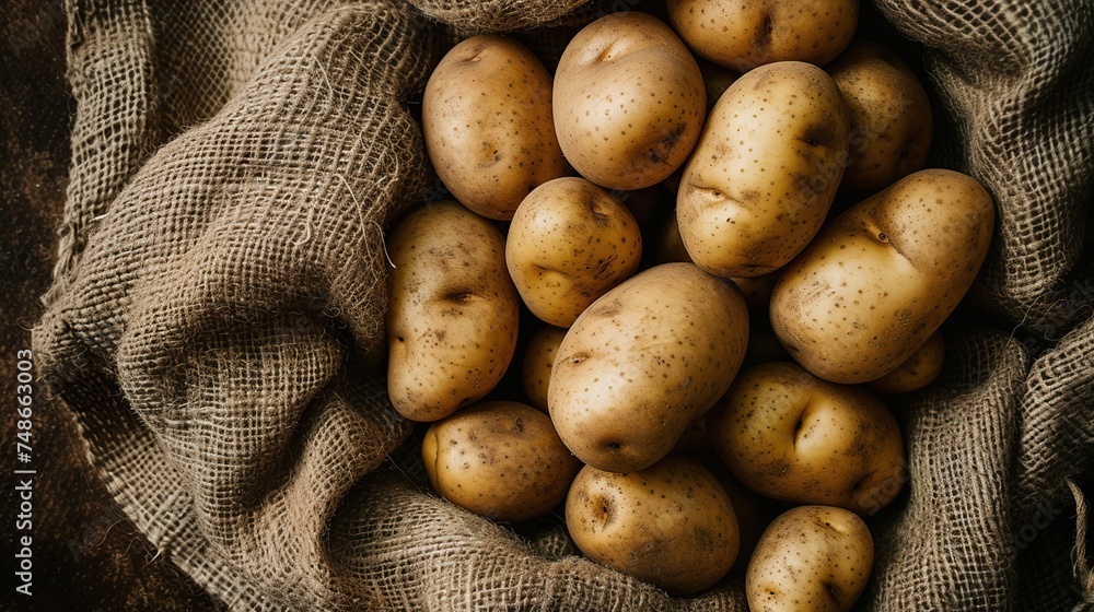 Freshly harvested potatoes rest on burlap, offering a rustic and organic aesthetic. This image is perfect for culinary and agricultural themes, ideal for design, menus, and articles Freshly harvested potatoes rest on burlap, offering a rustic and organic aesthetic. This image is perfect for culinary and agricultural themes, ideal for design, menus, and articles