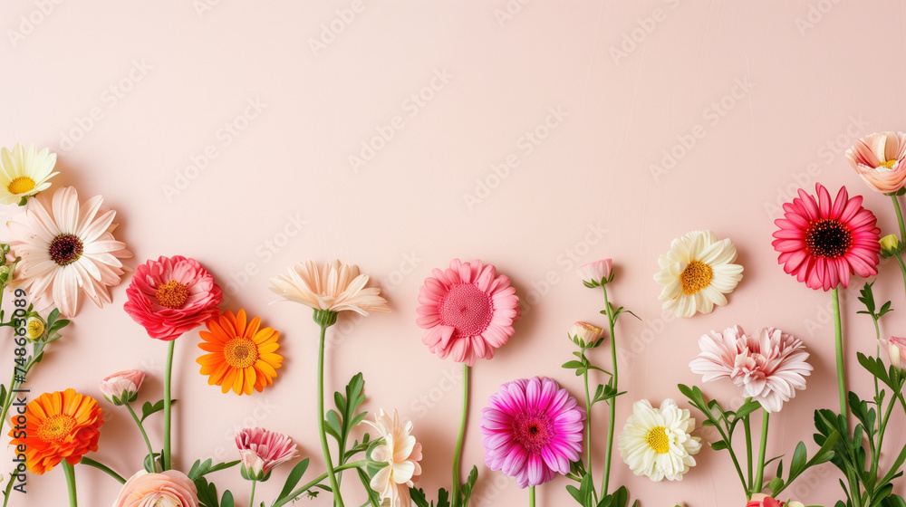 Top-down view of a bright frame composed of colorful gerbera flowers on a pink background. Top-down view of a bright frame composed of colorful gerbera flowers on a pink background.