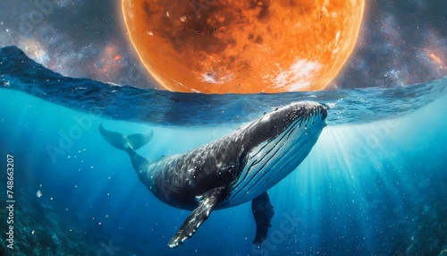 Whale in blue deep of ocean at space background with orange planet and milky way photo