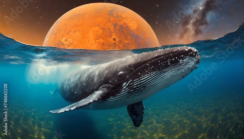 Whale in ocean at space background with orange planet and milky way © Yulia