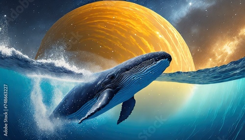 Whale breaching from blue deep ocean at space background with yellow planet and milky way
