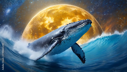 Whale breaching from blue deep ocean at space background with big sun and milky way © Yulia