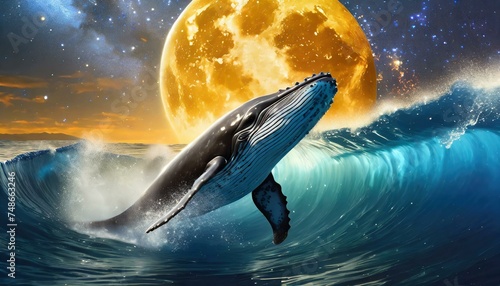 Whale breaching from blue deep ocean at space background with sun and milky way © Yulia