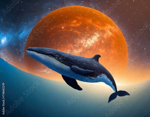 Flying Whale at space background with orange planet and milky way © Yulia