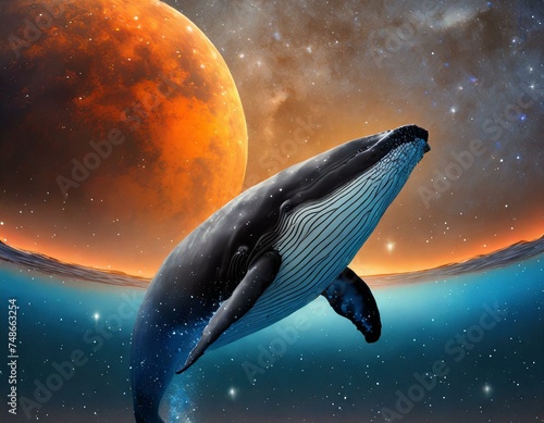 Flying Whale at space background with orange planet and milky way © Yulia