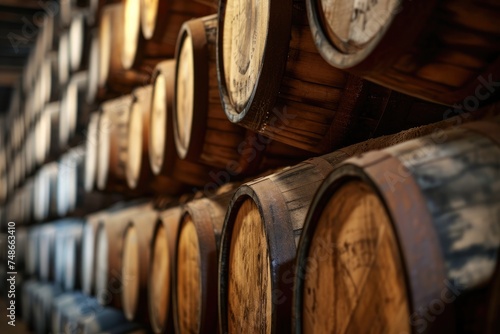 Wine barrels stacked in cellar of winery, close-up