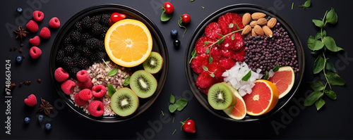 Mix of resh fruits and nuts on white background. Healthy and fitness breakfast concept