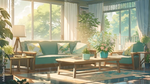 Bohemian living room with gray sofa and yellow accents in anime style illustration © Ameer