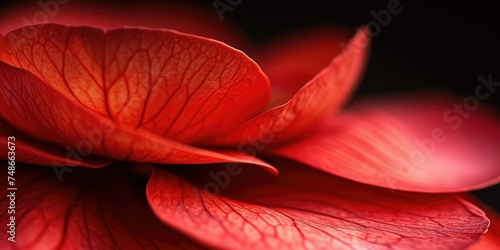 Close-up of a red flower petal with delicate veins against a dark background, highlighting natural beauty and texture.