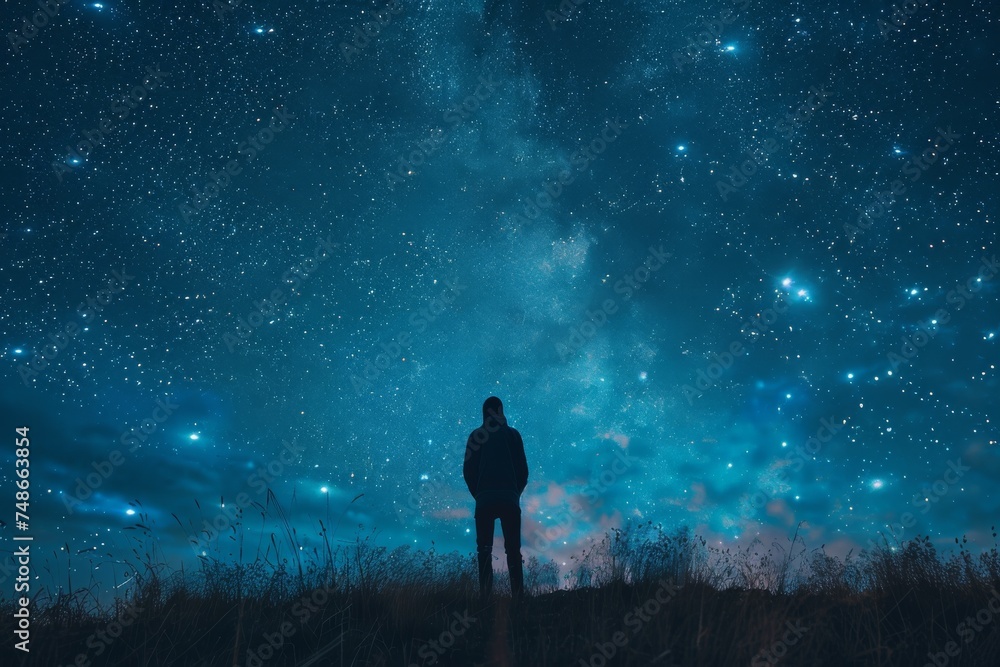 A lone person gazes upward at the mesmerizing expanse of the star-filled night sky, evoking a sense of wonder.