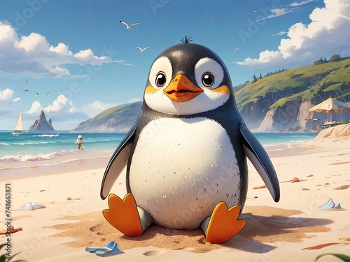 A penguin is relaxing sitting on the beach sand