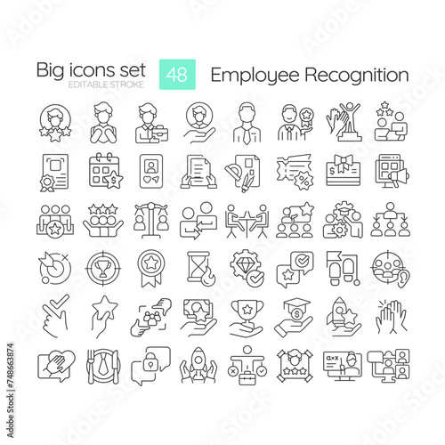 Employee recognition linear icons set. Corporate culture. Team spirit. Workers motivation. Team member gratitude. Customizable thin line symbols. Isolated vector outline illustrations. Editable stroke