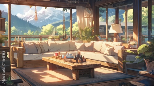 Cozy and stylish grey attic living room with sofa and plants, anime-style illustration with bright light effects © Ameer