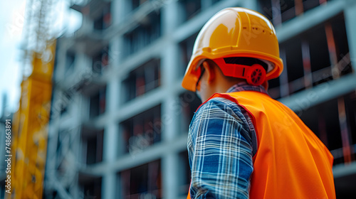 Construction worker with safety helmet in front of construction site. generative ai 