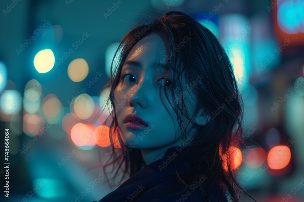 A young woman's face is lit by the neon glow of the city night, reflecting the urban vibe around her.