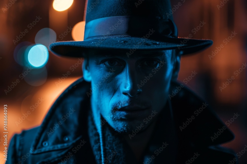 A man wearing a hat casts a focused gaze, his face highlighted by the contrasting neon lights of the night. A man wearing a hat casts a focused gaze, his face highlighted by the contrasting neon lights of the night.