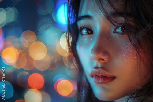 Portrait of a young woman's face partially lit with a bokeh light effect and delicate glitter on her skin.