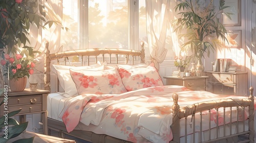 Anime-style illustration of a cozy bedroom with unmade bed, pink plaid, and cushions on white wall, light and cute interior design with muted colors and bright lighting