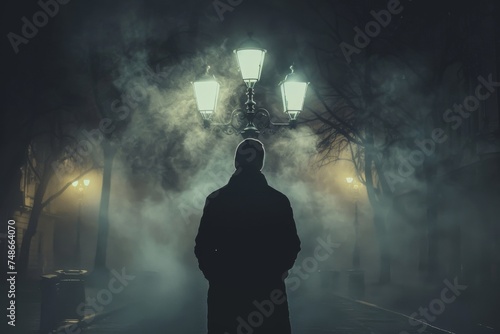 Silhouette of a man standing in a fog-covered street, with Victorian-style lamps casting an eerie glow.