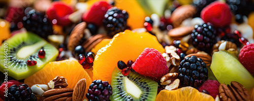 Close up photo of mix of fresh fruit and nuts, healthy food concept