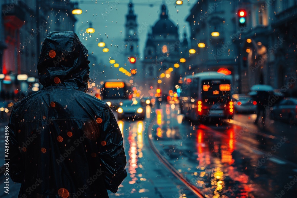 A lone figure stands in contemplation, the rain adding a reflective sheen to the city evening around them.