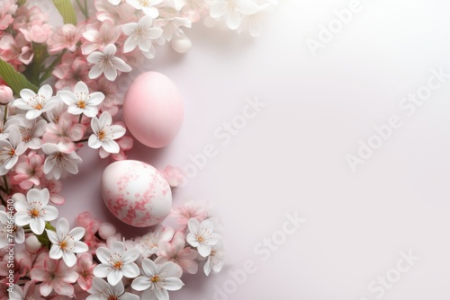 Easter colorful pink eggs and spring blossom flowers on pastel background. Banner. Copy space. Greeting card. View from above.