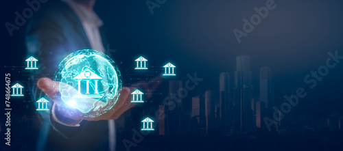 Quadro em tela E-governance technology, Businessman holding virtual glob and the e-governance icon on the global network structure