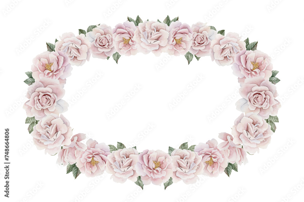 Oval wreath of pink rose hip flowers with leaves. Victorian style. Floral watercolor illustration hand painted