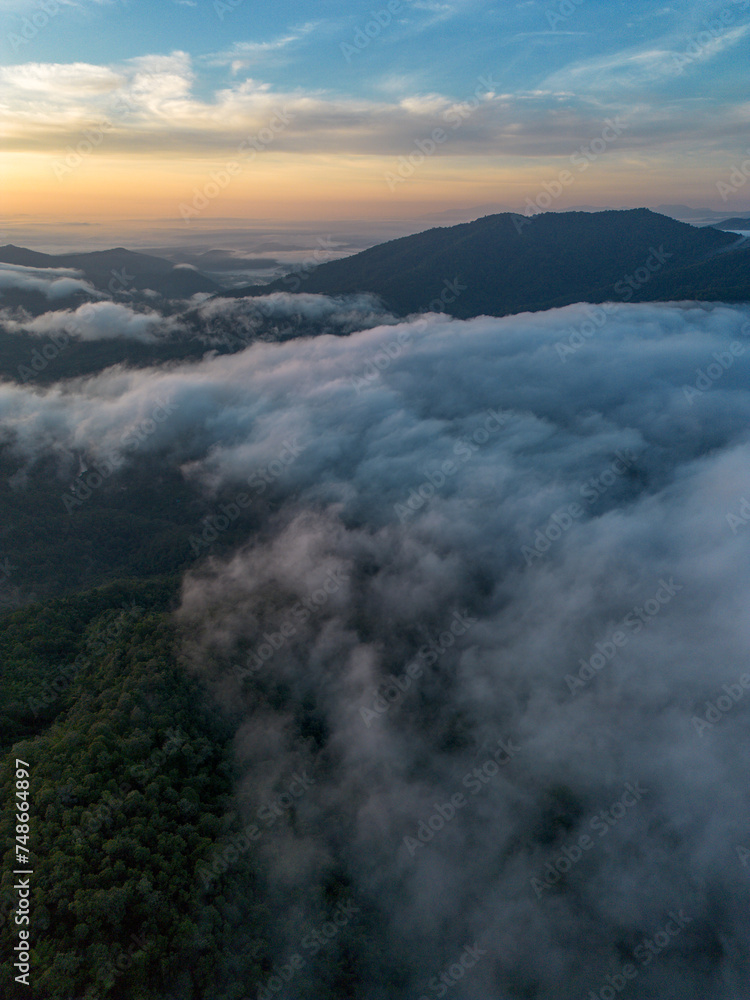 High-angle landscape in the sea of ​​mist exploring many forest areas the legend of the forest sky at the center of perfection. And the views here are the breathtaking pinnacle of winter in Thailand.