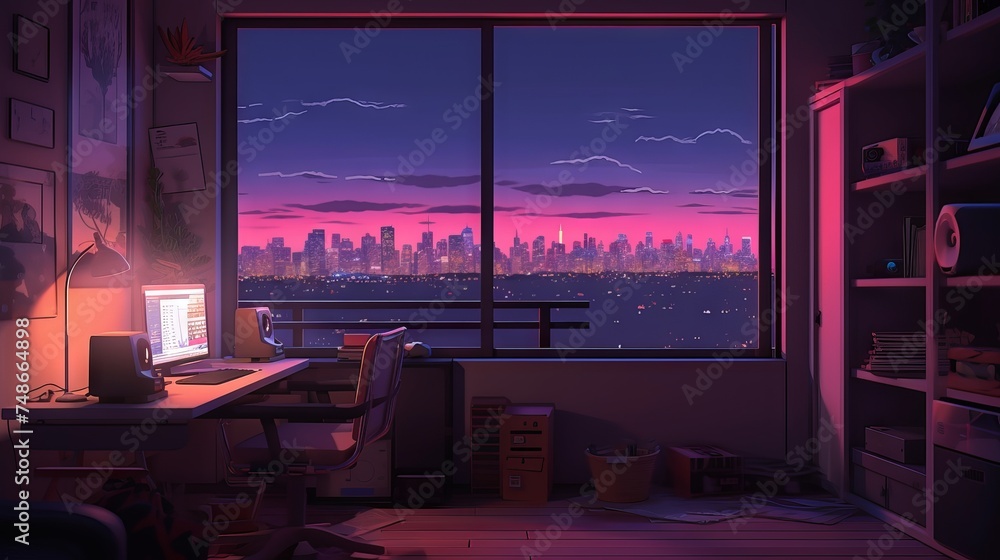 Lofi room with cozy lighting and retro Decor, ideal for relaxing and listening to hip-hop music. Anime and manga inspired wallpaper.