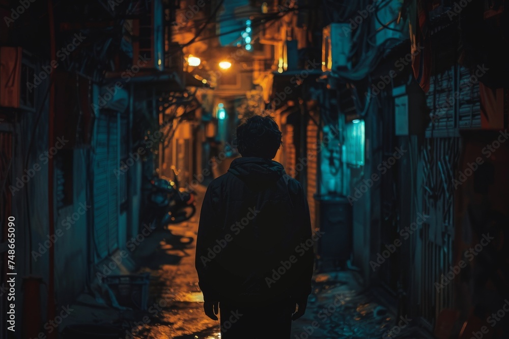 A lone figure walks away through a narrow alley bathed in warm yellow street lights, surrounded by the ambiance of the night.