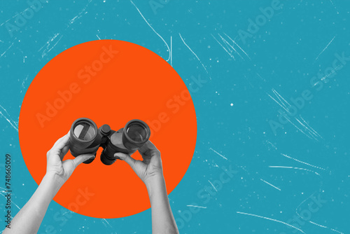Art collage, binoculars in the hands of a man on a blue background with space for text.