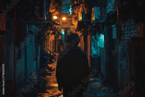A lone figure walks away through a narrow alley bathed in warm yellow street lights, surrounded by the ambiance of the night. © TPS Studio