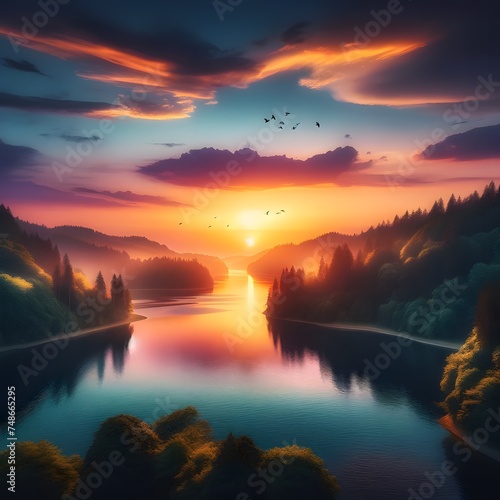 Landscape depicting a serene sunset over a tranquil lake surrounded by lush green forests