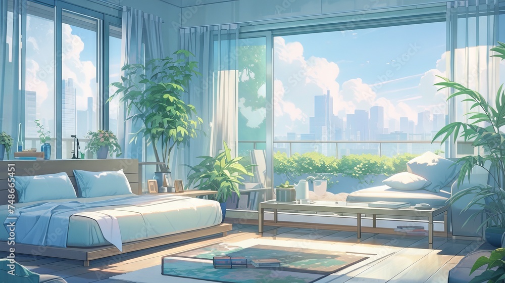 Fototapeta premium Retro living room with grey wall and bright light in anime illustration style