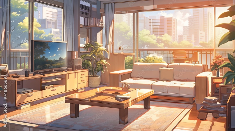 ภาพประกอบสต็อก Minimalist and bright anime-style home interior with ...