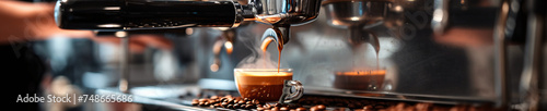 A close-up image of a barista pulling a shot of espresso. The barista's hand is visible holding a portafilter, and rich, brown espresso is pouring out into a small cup. In the background.