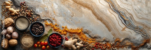 Various spices and herbs in bowls on a marble table top view, culinary ingredients for cooking and seasoning concept