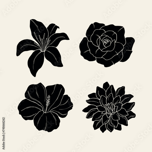 Set of flat vector lily, hibiscus, rose, dahlia
