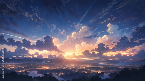 Moonlit night sky with clouds: a dramatic and aesthetic anime illustration