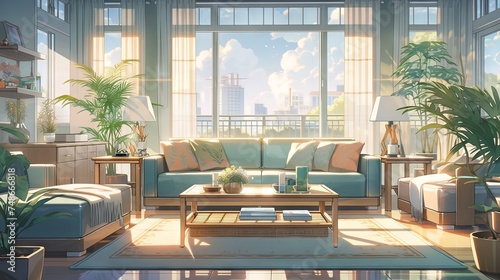 Retro living room with grey wall and bright light in anime illustration style