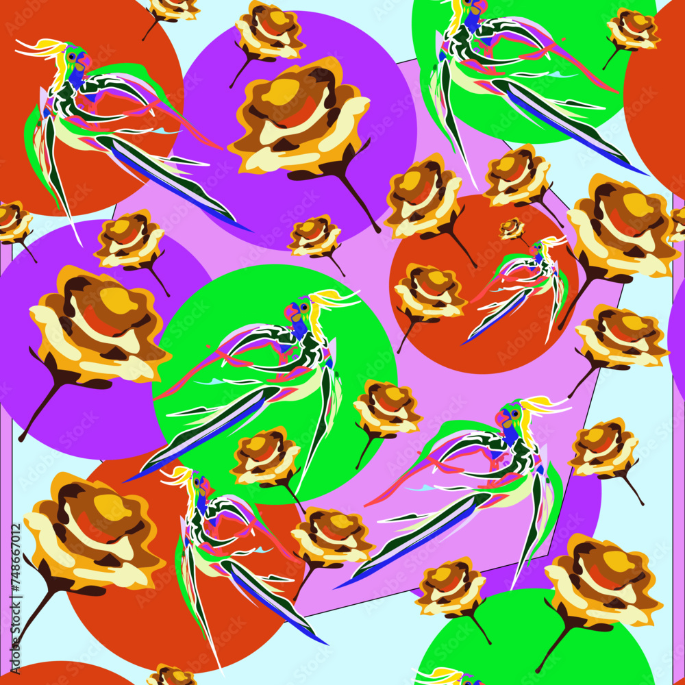 Fototapeta premium seamless pattern - night, parrot and rose.